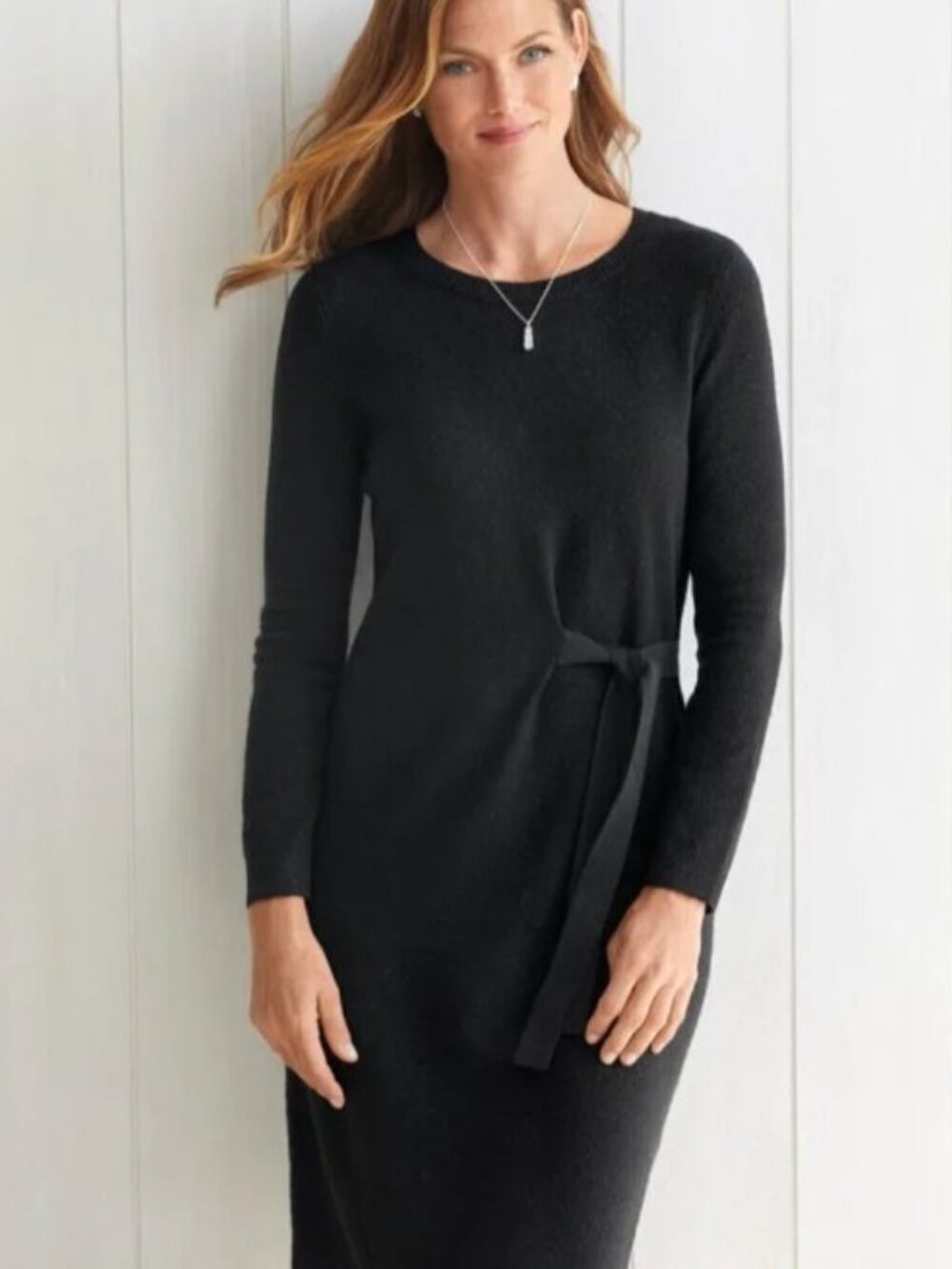 Talbots Black Shimmer Side Tie Knit‎ Sweater Dress Stretchy Holiday Sparkle Sz L